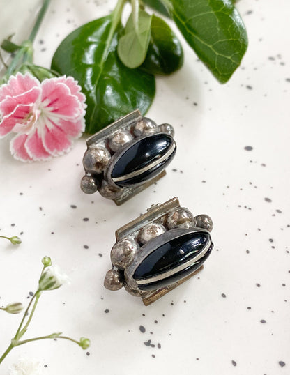 1940s Vintage Chunky Silver and Onyx earrings, screw back, 1930s Mexico