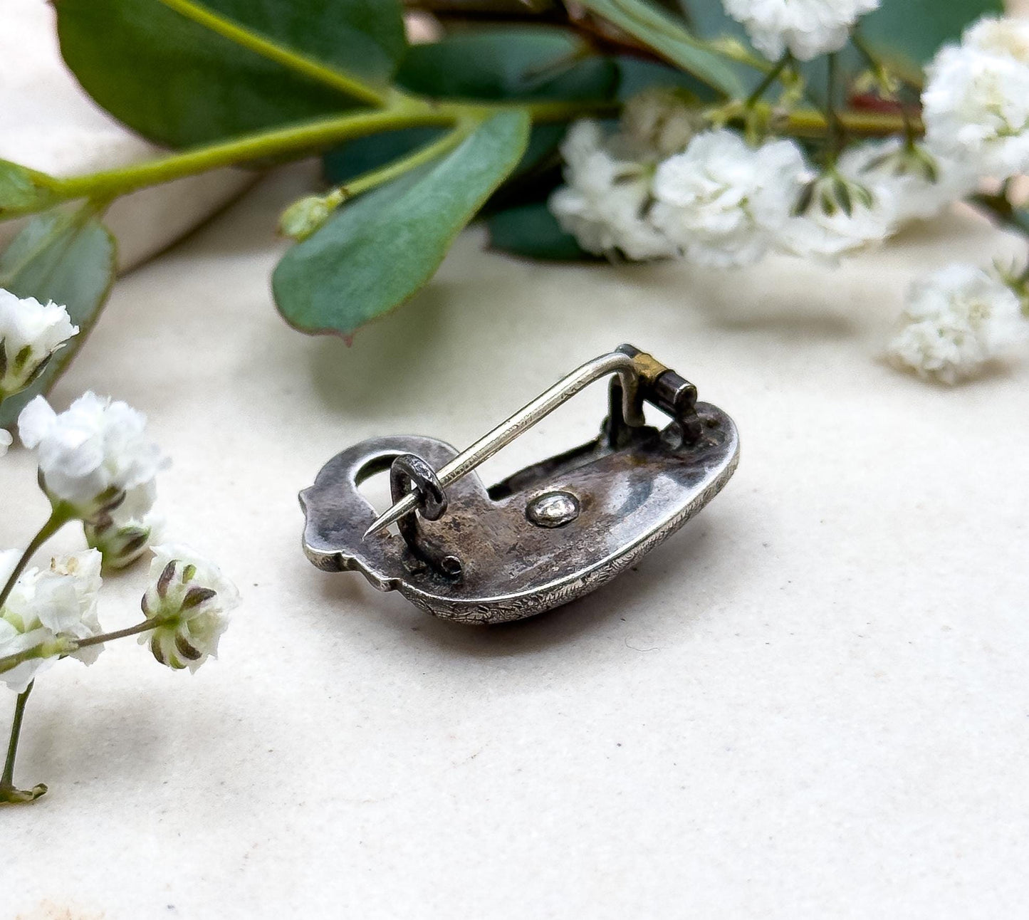 Victorian Swan Brooch in Silver with Red Glass Gem Set Cabochon Eye Bird