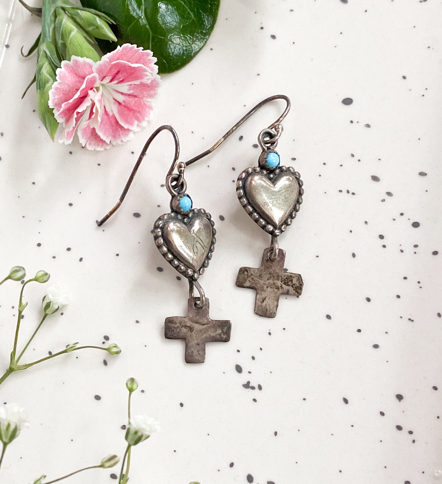Vintage Silver heart & cross dangle earrings with Turquoise
