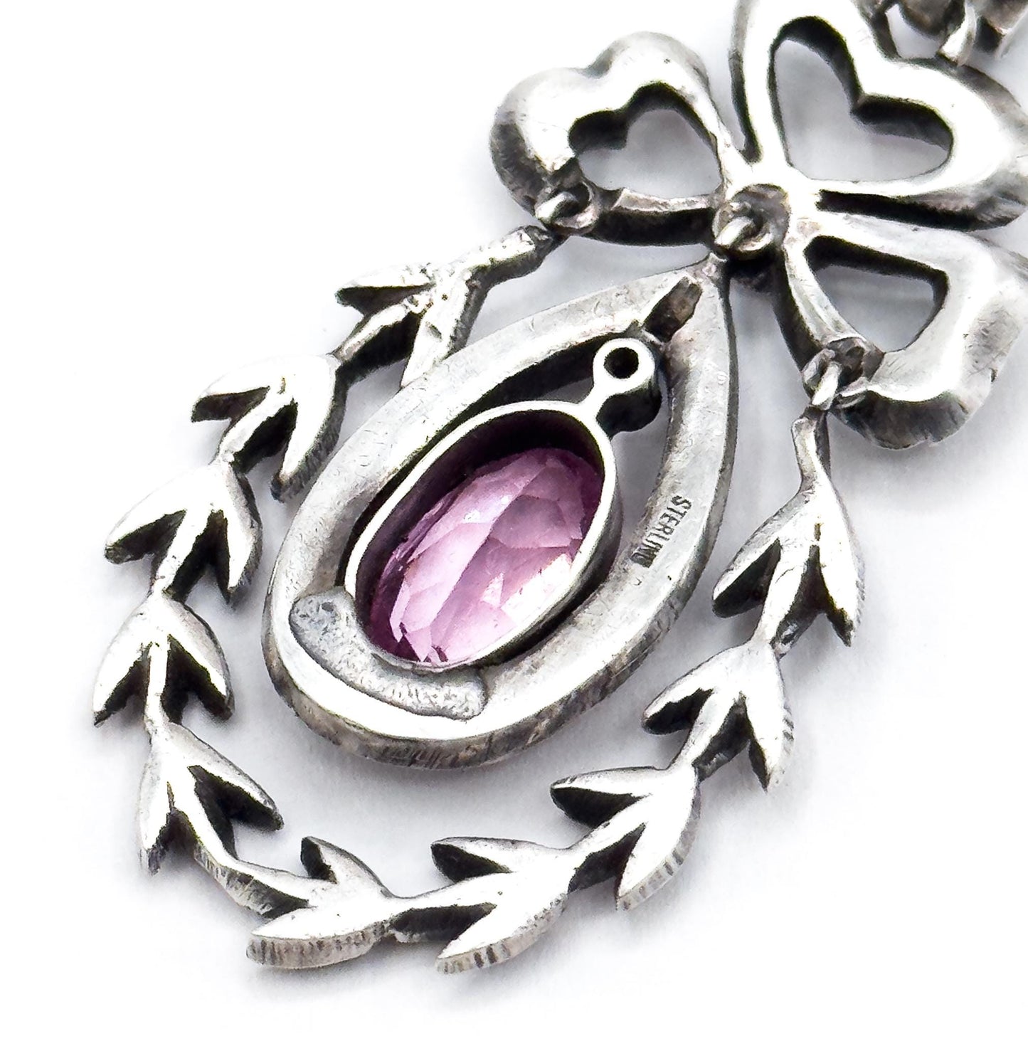 Antique Edwardian Paste Pendant: Sterling Silver Bow, Garland Style, 24" Chain