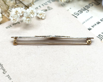 Antique Filigree Bar Pin in 10K Two Tone Yellow Gold  White Gold Floral Leaf design