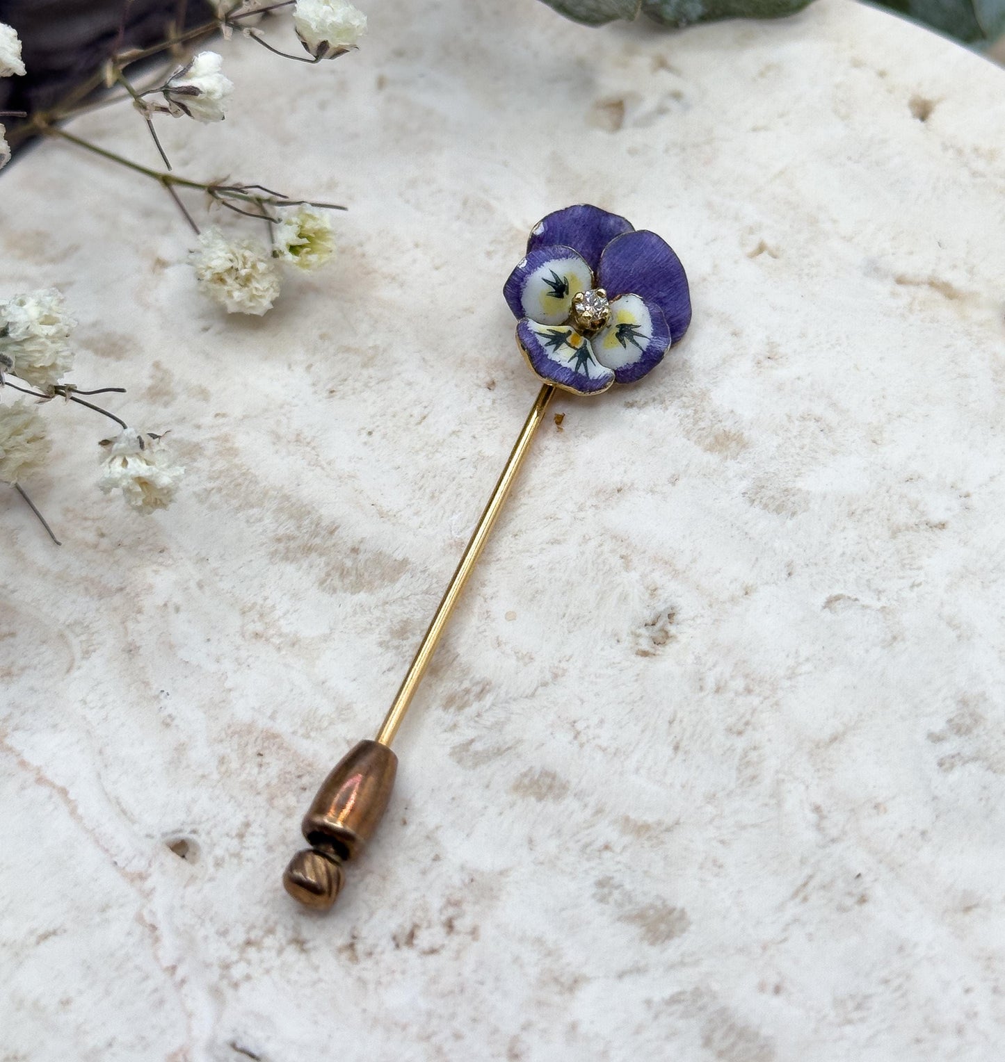Victorian Pansy Stickpin with Antique Diamond in 14K Yellow Gold Purple Enamel