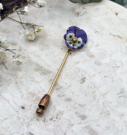 Victorian Pansy Stickpin with Antique Diamond in 14K Yellow Gold Purple Enamel