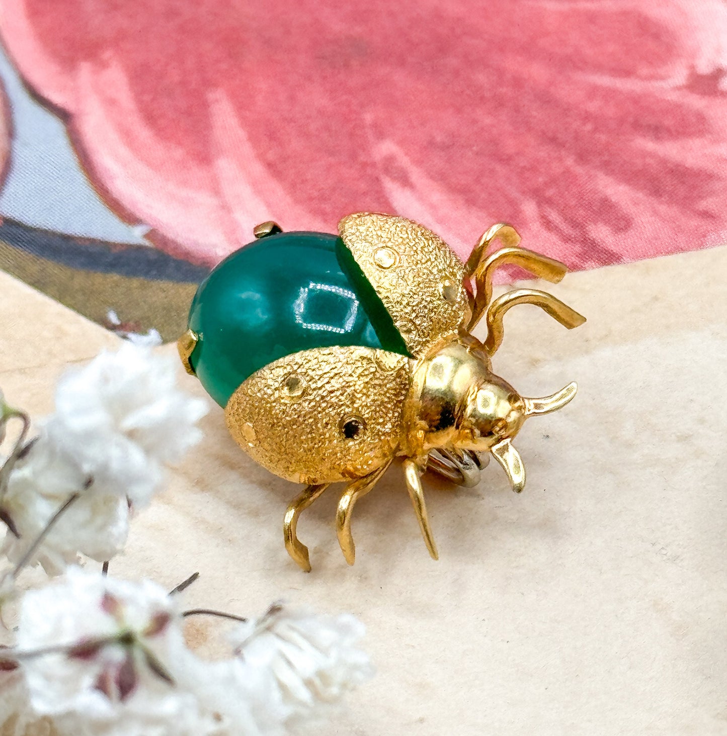 Vintage Jelly Belly Insect Brooch in 18K Gold with Green Glass cabochon belly Mid Century