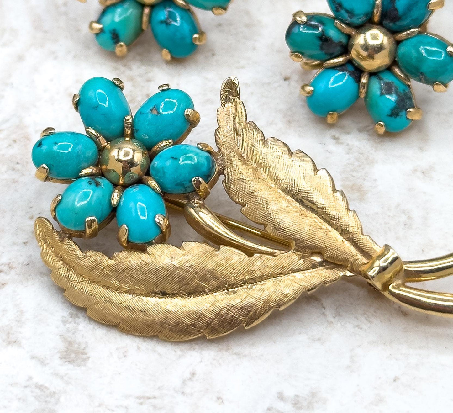 Vintage MidCentury Brooch  & Earring Set with Turquoise in 14K Yellow Gold