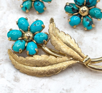 Vintage MidCentury Brooch  & Earring Set with Turquoise in 14K Yellow Gold