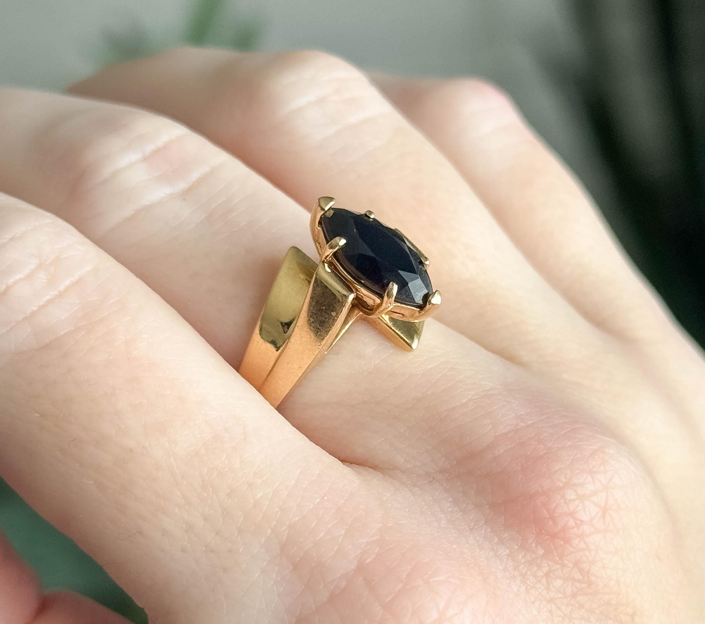 Vintage Onyx Marquise Ring in 14K Yellow Gold 1980s Vintage Ring
