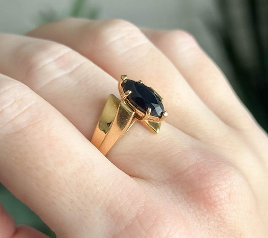 Vintage Onyx Marquise Ring in 14K Yellow Gold 1980s Vintage Ring