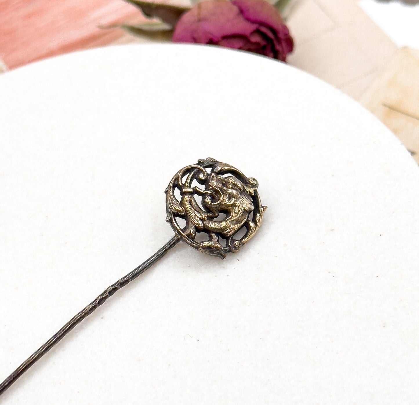 Antique Art Nouveau French Dragon Stick Pin, Silver with Gold wash