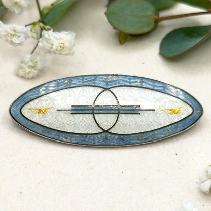 guilloche enamel brooch in blue and white sterling