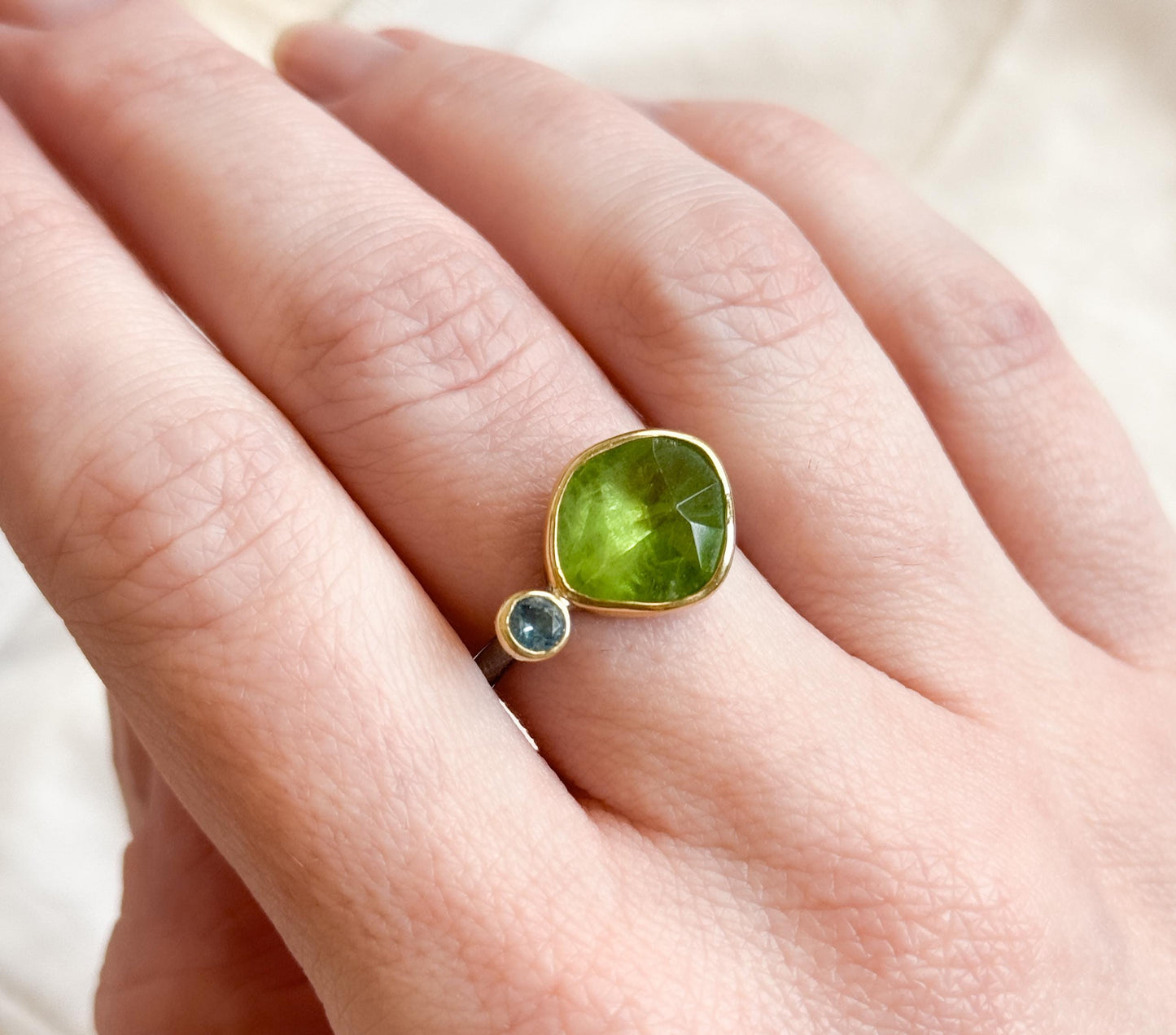 Artisan Rough Cut Peridot Ring with Blue Topaz Accent in Sterling Silver with 18K Gold