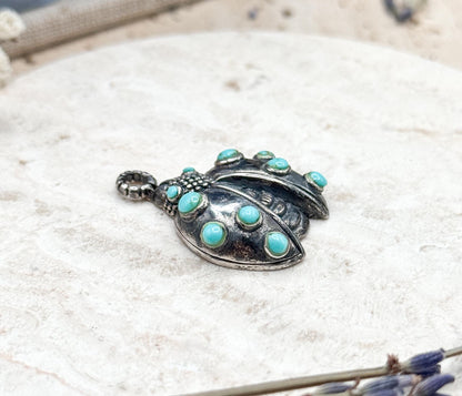 Vintage Sterling Silver Ladybug Pendant with Turquoise Cabochons