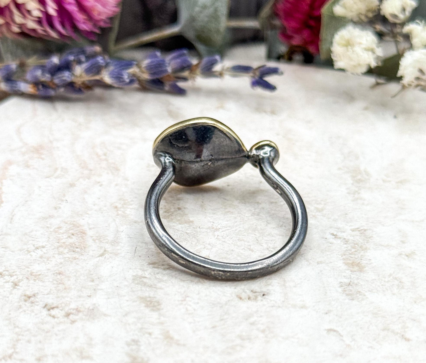 Artisan Rough Cut Peridot Ring with Blue Topaz Accent in Sterling Silver with 18K Gold