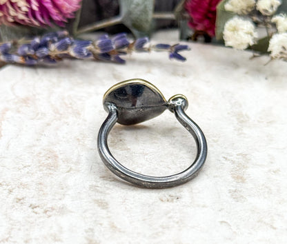 Artisan Rough Cut Peridot Ring with Blue Topaz Accent in Sterling Silver with 18K Gold