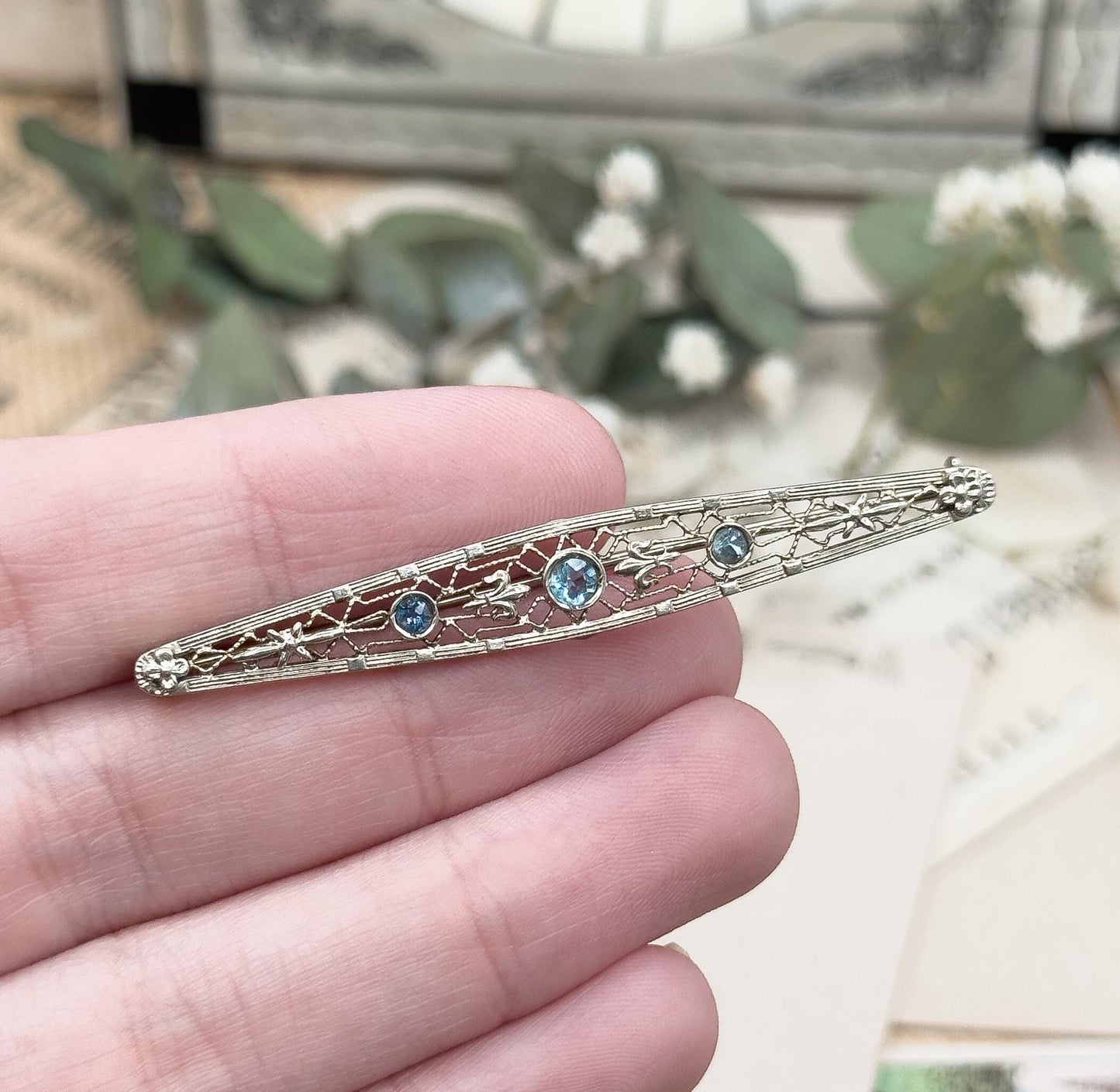 Art Deco Aquamarine Paste Brooch: 14K White Gold Filigree Pin