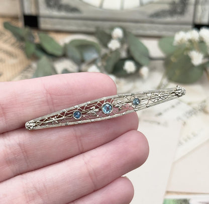Art Deco Aquamarine Paste Brooch: 14K White Gold Filigree Pin