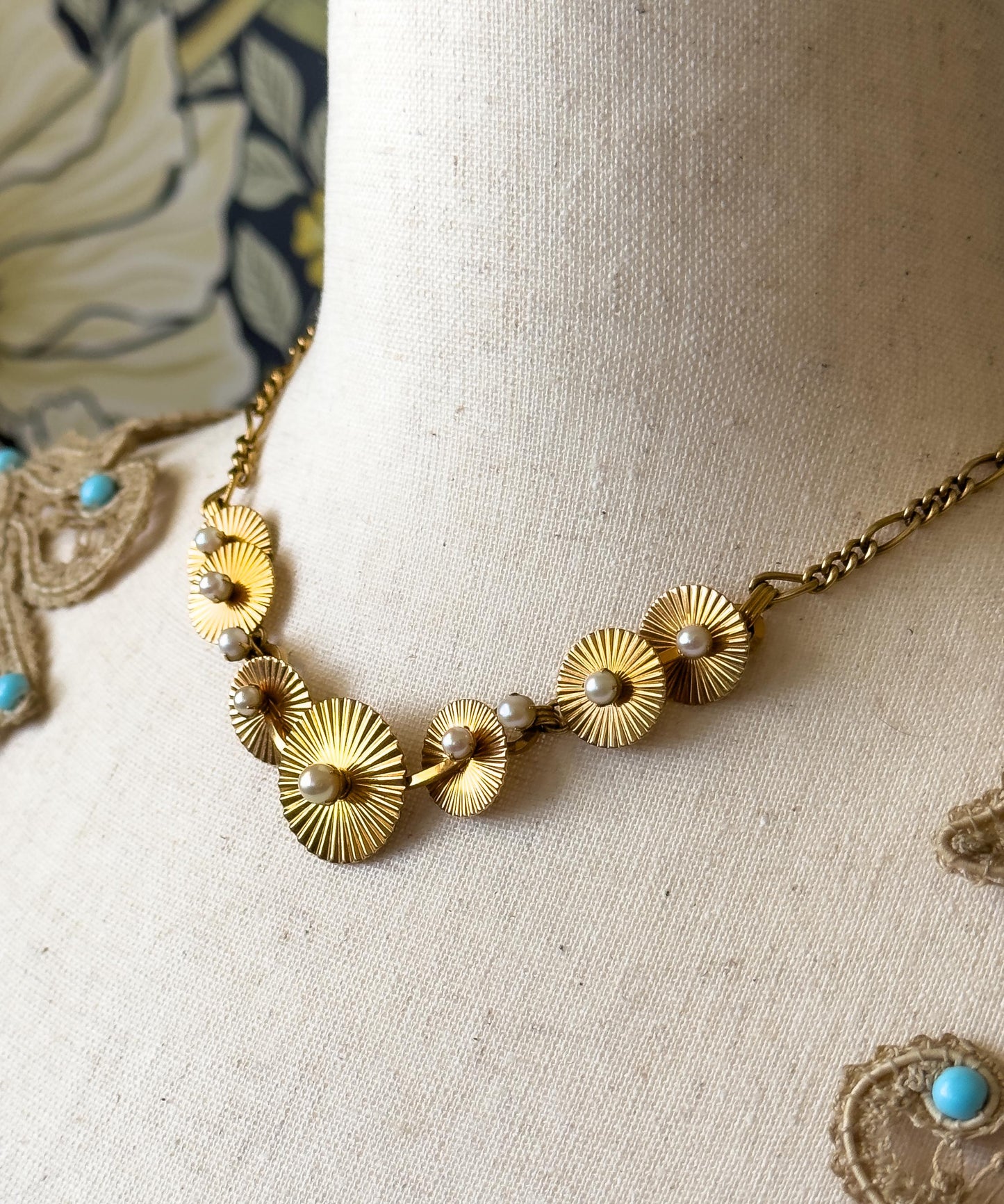 Vintage Midcentury necklace and earring set Engine turned disk necklace with Pearls