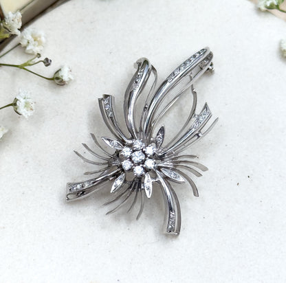 Vintage Diamond Brooch in 18K White Gold Mid Century Brooch Starburst