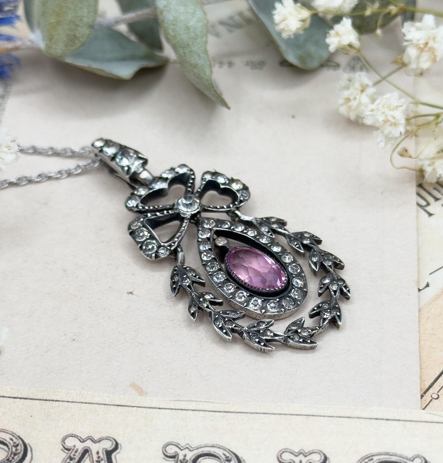 Antique Edwardian Paste Pendant: Sterling Silver Bow, Garland Style, 24" Chain