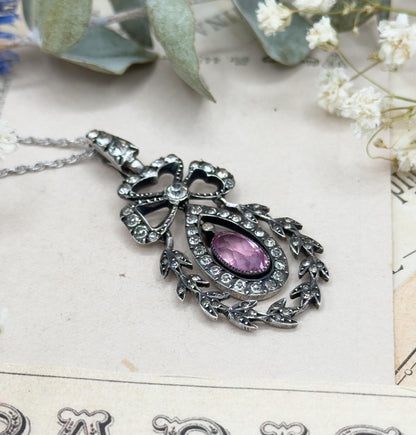 Antique Edwardian Paste Pendant: Sterling Silver Bow, Garland Style, 24" Chain