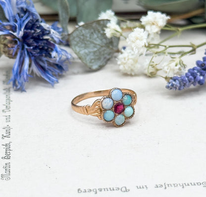 Antique Victorian Opal Flower Ring in 10K Rosę Gold w Ruby Paste Centerstone