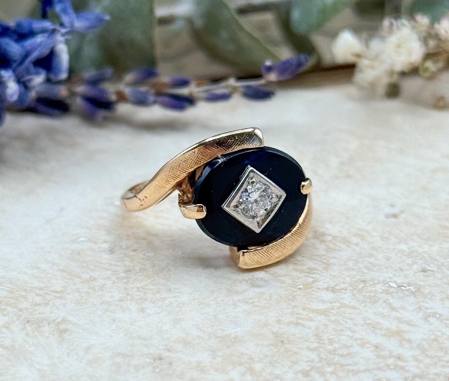 Vintage Onyx & Diamond Ring in 10K Yellow Gold Bypass Ring Florentine gold textured