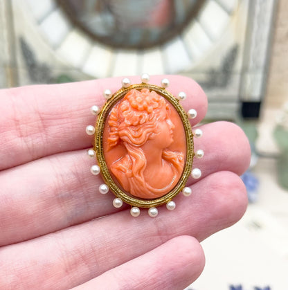 Antique Carved Coral Cameo Pendant Cameo Brooch in 18K Yellow Gold w Seed Pearl halo