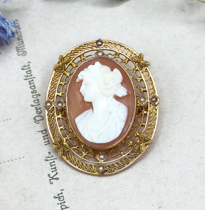 Antique Diana Cameo Brooch: 10K Gold Filigree, Seed Pearls
