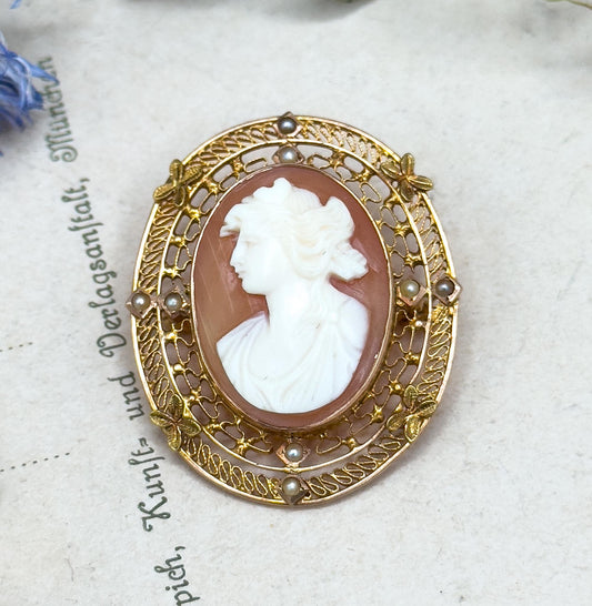 Antique Diana Cameo Brooch: 10K Gold Filigree, Seed Pearls