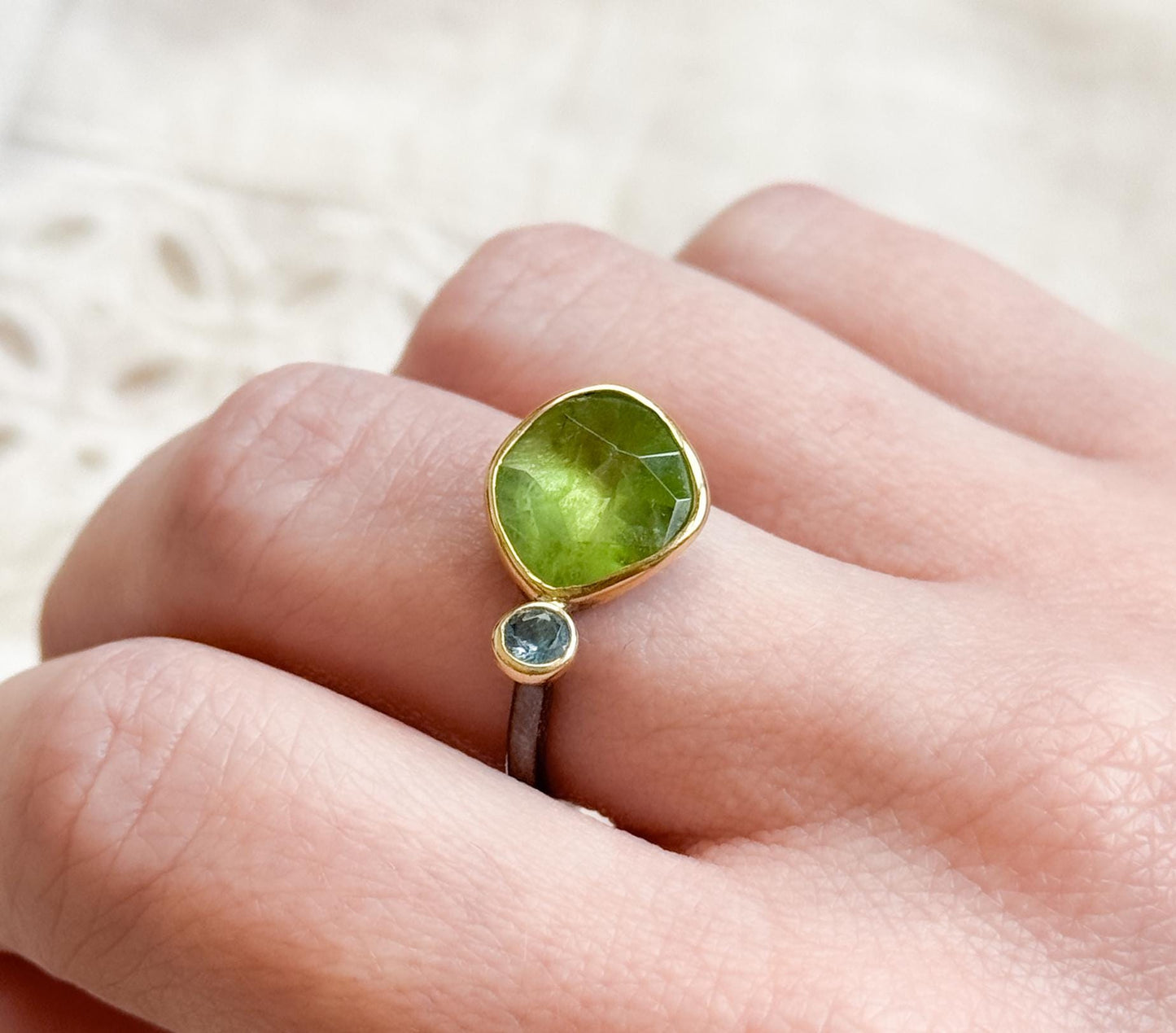 Artisan Rough Cut Peridot Ring with Blue Topaz Accent in Sterling Silver with 18K Gold