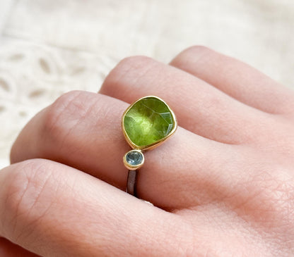 Artisan Rough Cut Peridot Ring with Blue Topaz Accent in Sterling Silver with 18K Gold