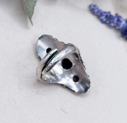 Vintage Art Nouveau Onyx Glass Cabochon Ring: Floral Silver & Gold Statement