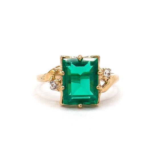 Vintage 10K Gold Green Paste Emerald Cut Ring - White Topaz Accents