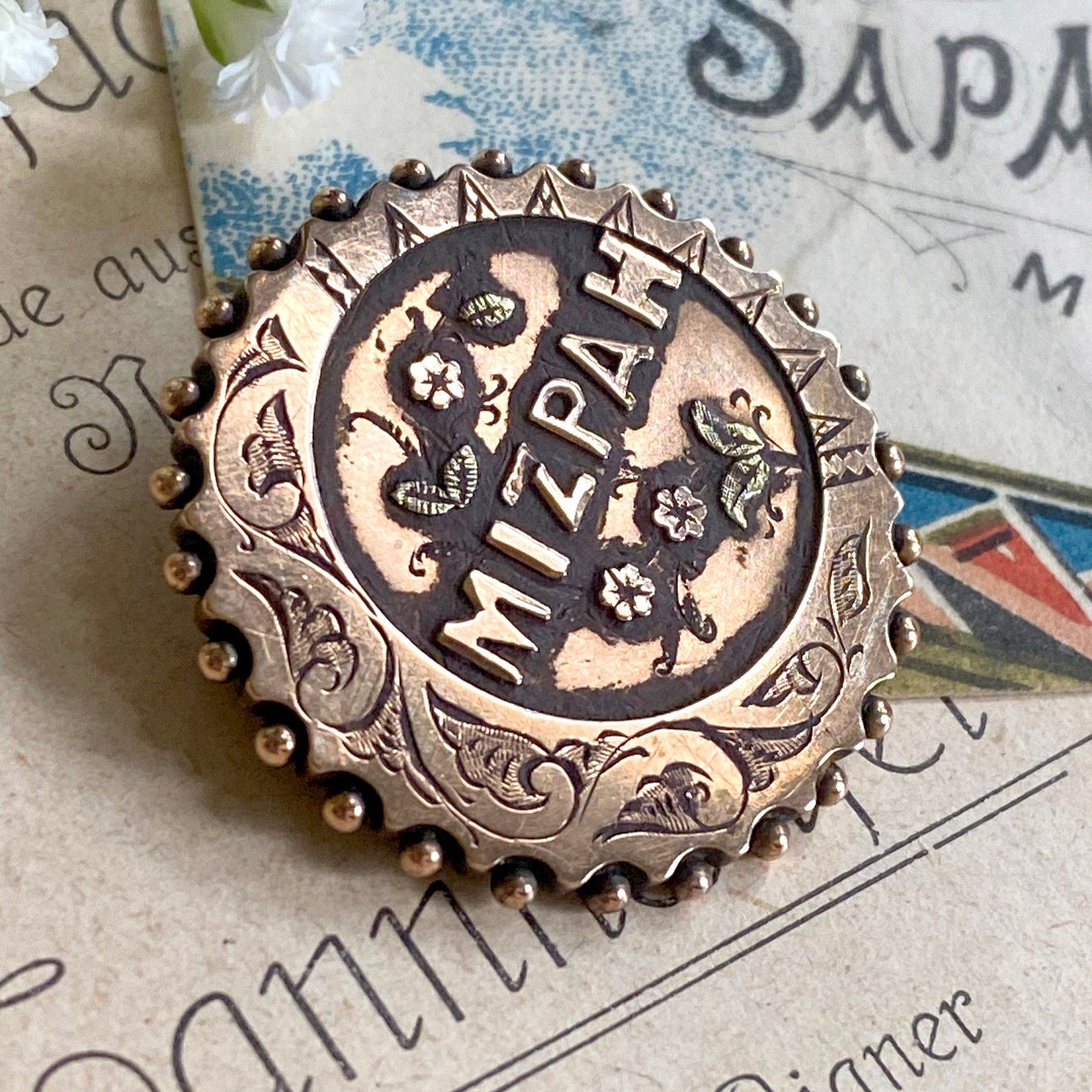 Rose gold mizpah brooch antique etched ivy 