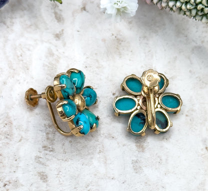 Vintage MidCentury Brooch  & Earring Set with Turquoise in 14K Yellow Gold