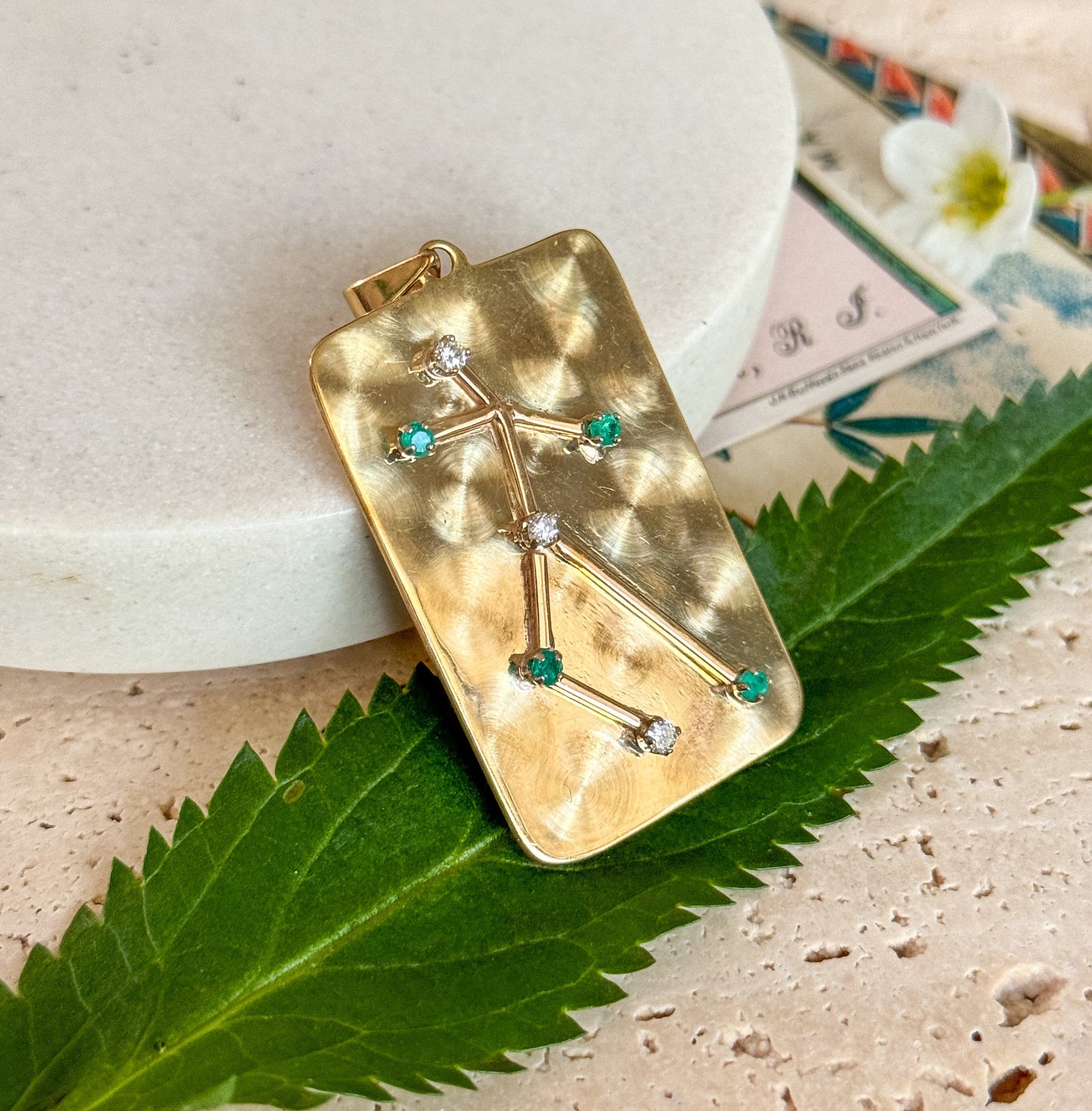 Unique Vintage Figure Pendant with Emerald & Diamonds in 14K Gold