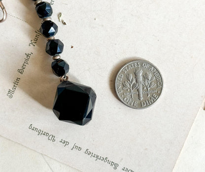 Victorian Ladies French Jet Watch Chain Fob Black Glass w T Bar