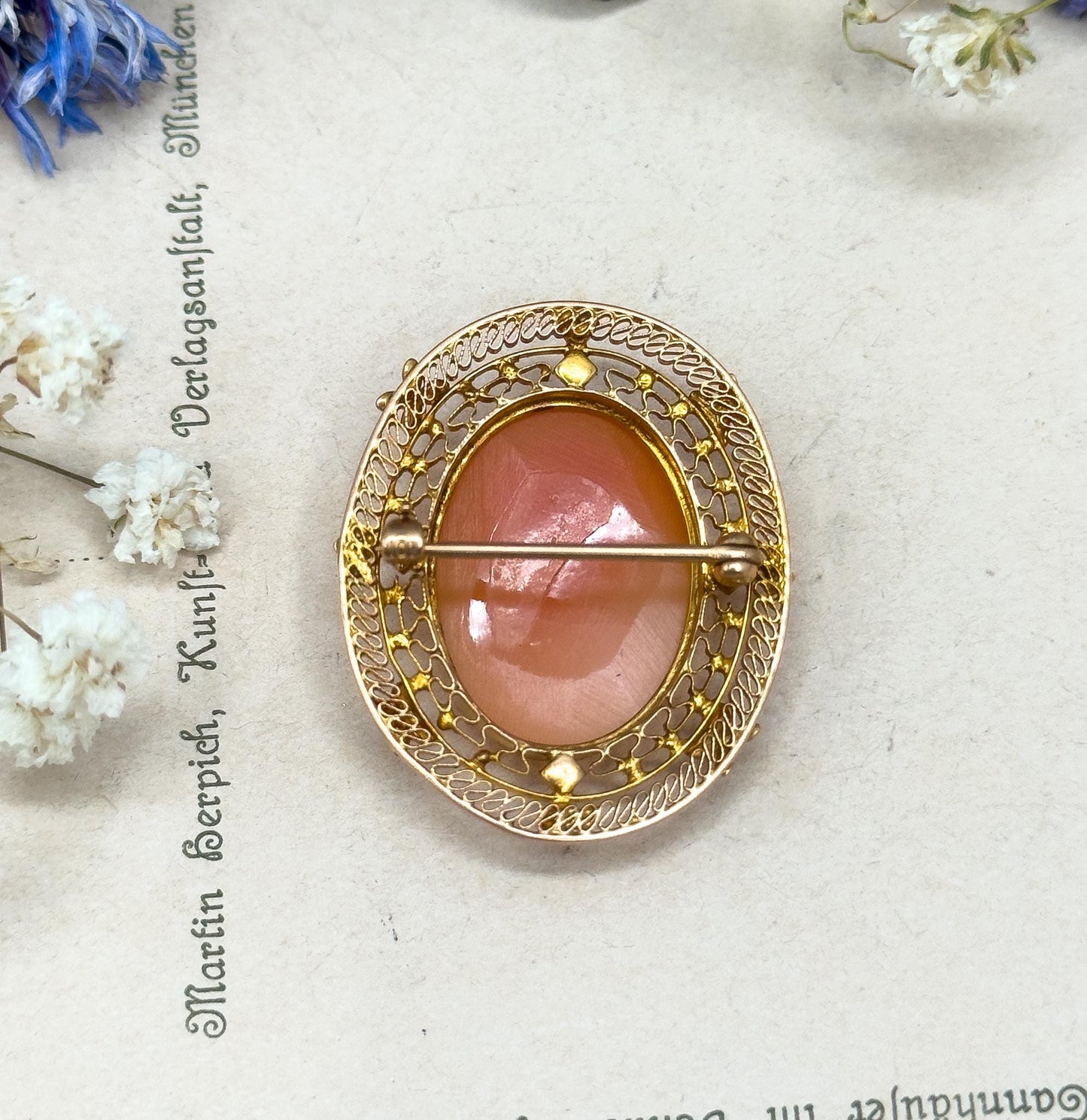 Antique Diana Cameo Brooch: 10K Gold Filigree, Seed Pearls