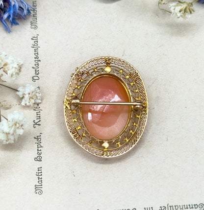 Antique Diana Cameo Brooch: 10K Gold Filigree, Seed Pearls