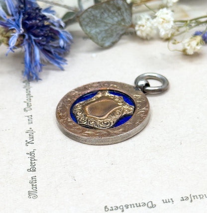 Antique Blue Guilloche Enamel Shield Fob: Sterling Silver & Gold, Hallmarked 1907