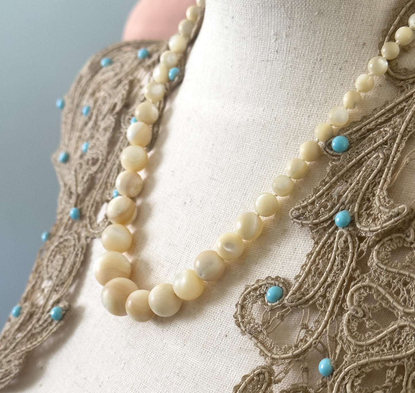 Antique Mother of Pearl Graduated Beaded necklace with 14K White Gold Clasp