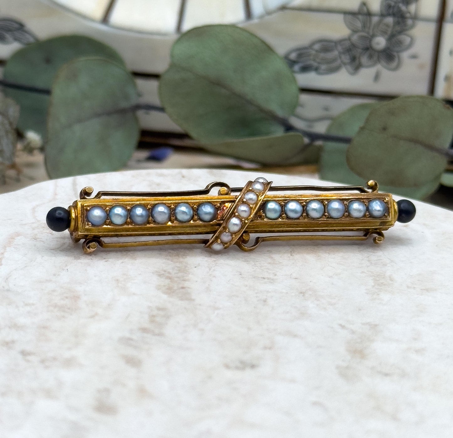 Victorian 14K Gold Bar Brooch: Seed Pearls & Black Enamel