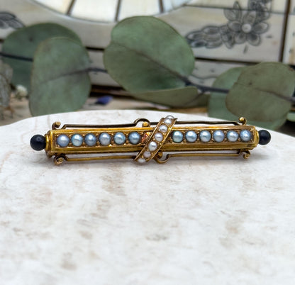 Victorian 14K Gold Bar Brooch: Seed Pearls & Black Enamel