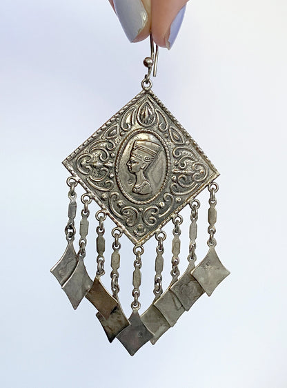 HUGE Vintage Egyptian revival earrings, Silver egyptian revival Nefertiti earrings 1970s