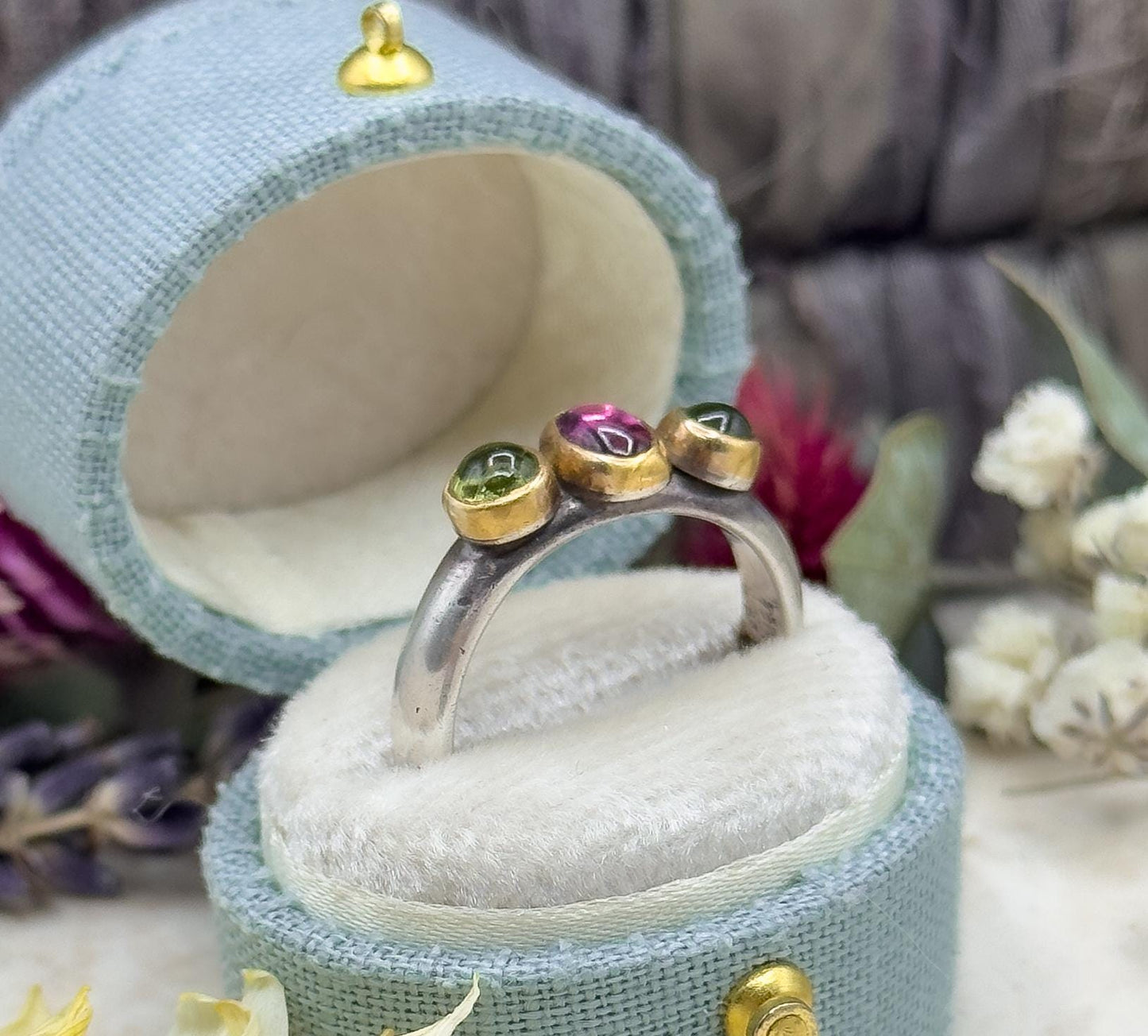 Handmade Three-Stone Peridot Garnet Ring Sterling Silver 22K Gold