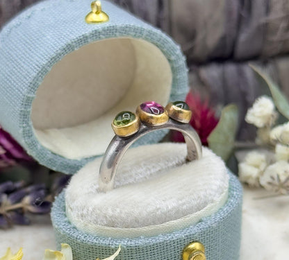 Handmade Three-Stone Peridot Garnet Ring Sterling Silver 22K Gold