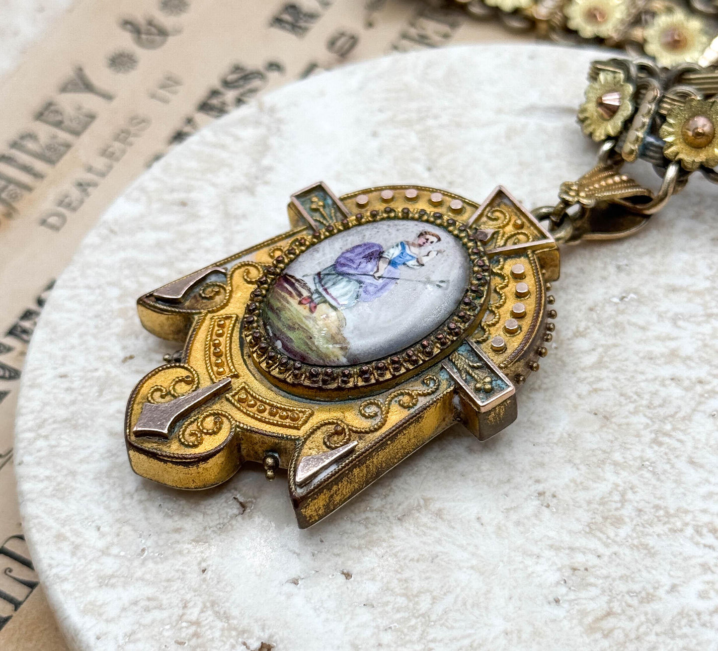 Antique Enamel Locket on Floral Book Chain Necklace - As Is