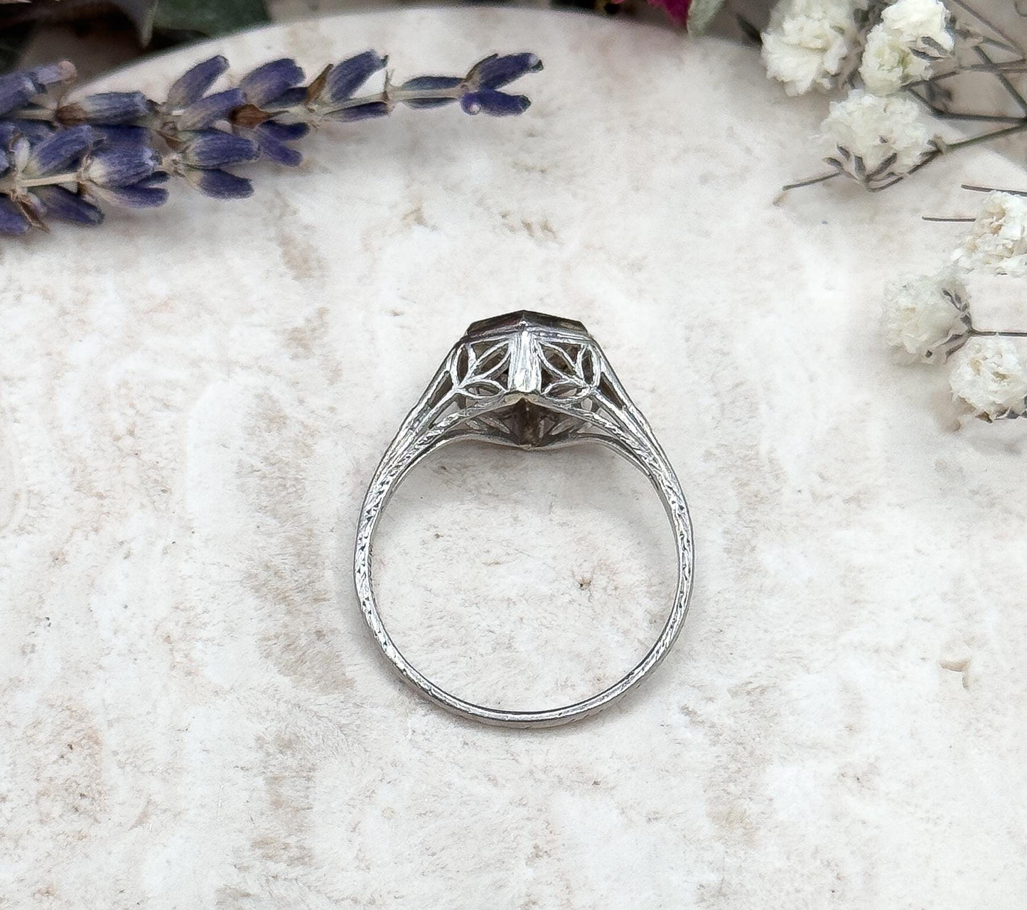 Art Deco Platinum Diamond Ring Filigree Hexagon Setting 1920s Engagement Ring Half Carat Round Brilliant Size 6.75 Vintage Bridal