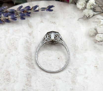 Art Deco Platinum Diamond Ring Filigree Hexagon Setting 1920s Engagement Ring Half Carat Round Brilliant Size 6.75 Vintage Bridal