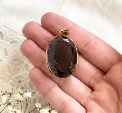 Vintage 42CT Smoky Quartz Pendant in 14K Gold Large Quartz Pendant